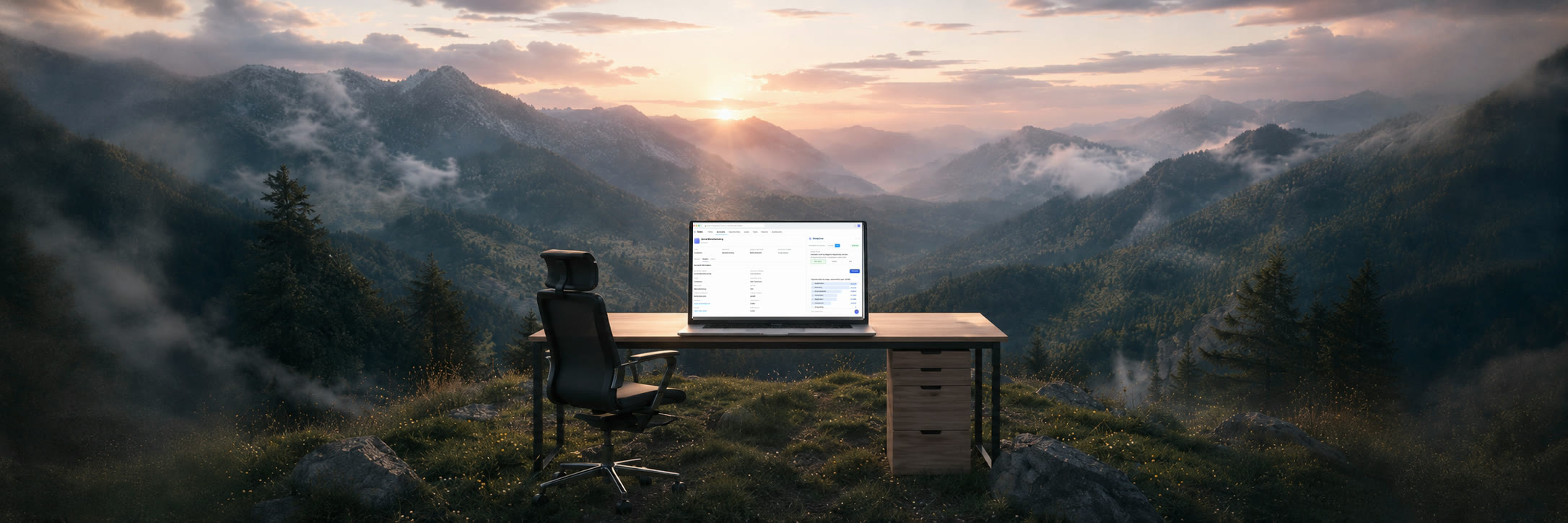 A desk and chair on a misty mountain hilltop at dawn, an open laptop running DeepCrux