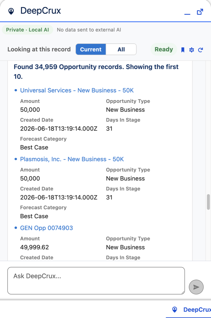 DeepCrux answer: 34,959 matching opportunity records, showing the first 10 with amounts, stages and dates