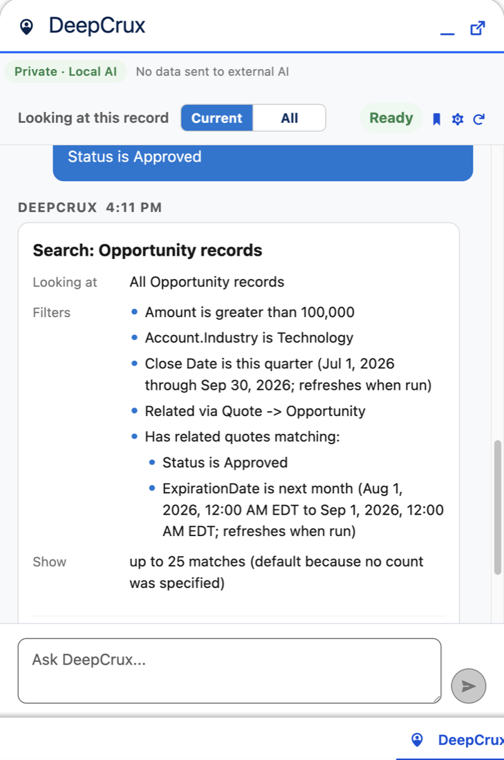 DeepCrux plan preview: five filters across Opportunity, Account and Quote with exact date ranges, ready to run, cancel or edit